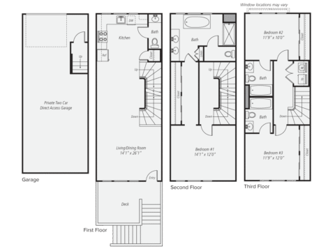Three-level townhouse floor plan with a garage, living/dining room, kitchen, three bedrooms, three bathrooms, and a deck. First floor: garage and entry. Second floor: living/kitchen/bath. Third floor: three bedrooms and two baths.