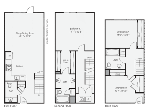 Black and white floor plans for a three-story townhouse showing room labels, dimensions, kitchen, bathrooms, closets, and stairs on each floor.