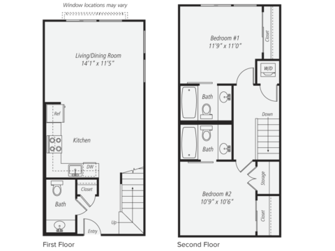 Black and white floor plan of a two-story home showing kitchen, living/dining room, bath, and closet on the first floor; two bedrooms, two baths, closets, W/D area, and storage on the second floor.